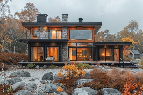 a horizontal split image of a modern new house and an old renovated house, Finnish architecture 