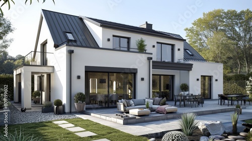 two storey contemporary house in a single block, dormer, pitched roof with closed eaves, scandinavian style, with garden 