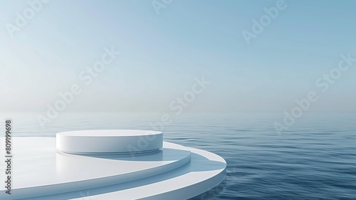 Sleek minimalist white podium on a calm seascape.