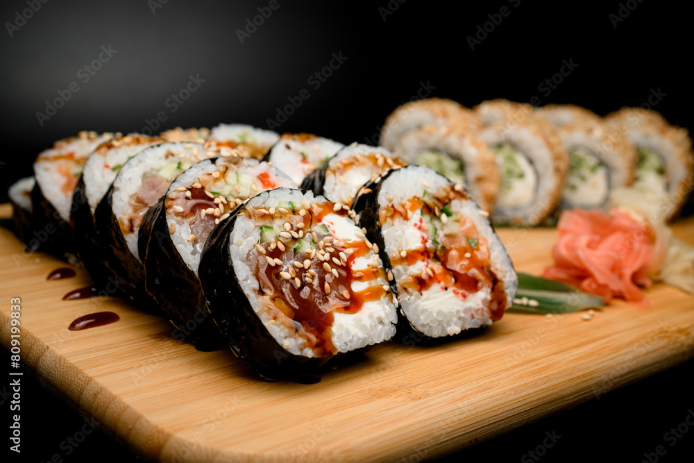 Flavorful Fusion. Rolls with tuna, salmon, cucumber, tobiko caviar. Flavorful Fusion. Rolls with tuna, salmon, cucumber, tobiko caviar.