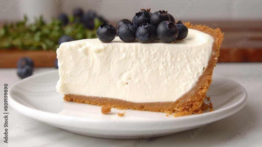 A pristine slice of cheesecake, crowned with plump blueberries, rests atop a pristine white plate A knife and fork neatly await beside it A pristine slice of cheesecake, crowned with plump blueberries, rests atop a pristine white plate A knife and fork neatly await beside it