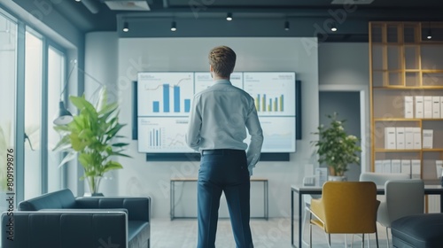 Professional business man looking at financial statistic chart while planning marketing strategy. Project manager checking at increasing sales while checking graph at meeting room. Business. AIG42.