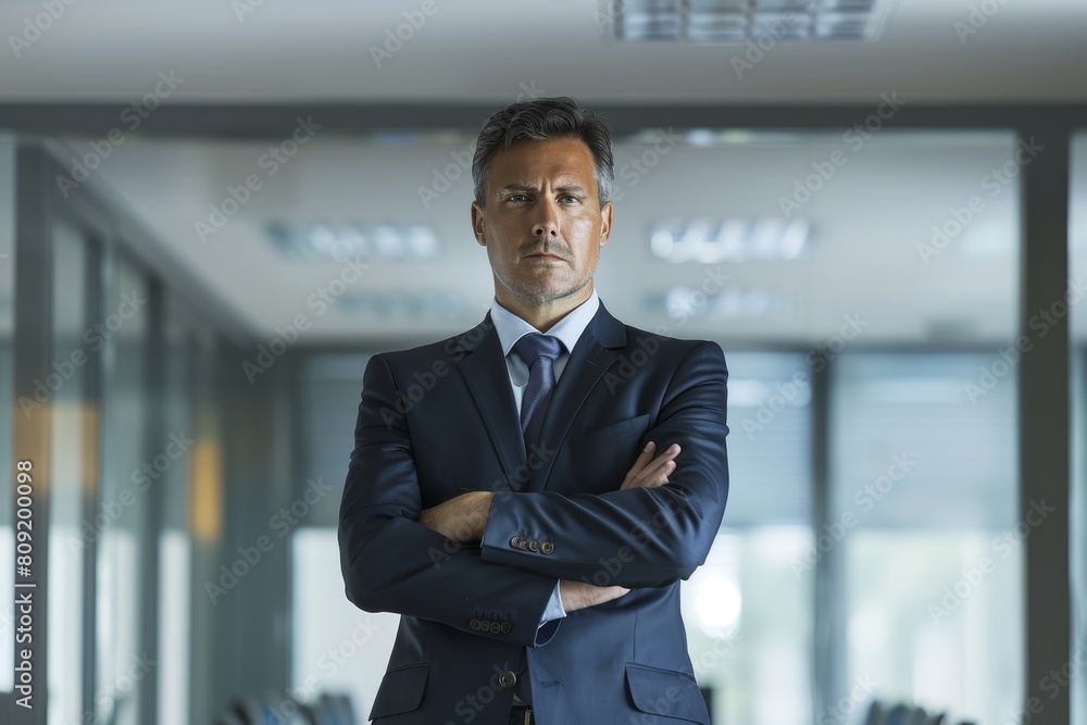 Fototapeta premium A man in a suit and tie stands confidently with his arms crossed, A confident leader making tough decisions with a calm and collected demeanor