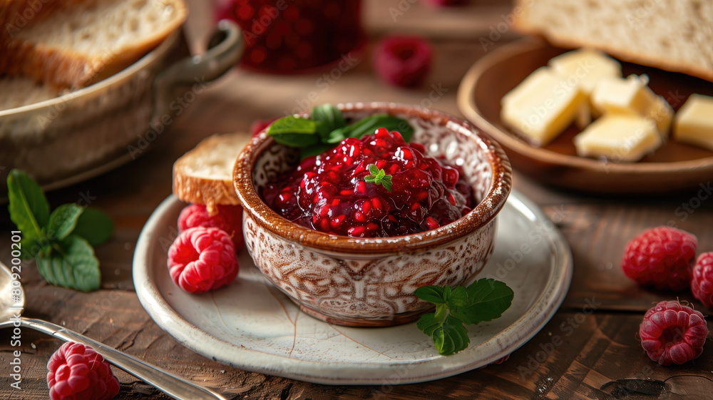 Artisanal raspberry jam in a rustic setting with fresh berries. Artisanal raspberry jam in a rustic setting with fresh berries.