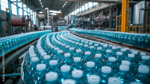 Plastic water bottle factory - bottle production line in factory. plastic production technology, environmental pollution