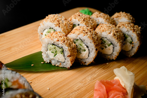 Rolls with philadelphia cheese and cucumber, sprinkled with sesame seeds.