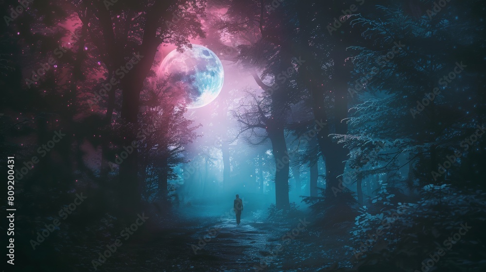 Solitary man walking through a moonlit forest with pink and blue moonlight Solitary man walking through a moonlit forest with pink and blue moonlight