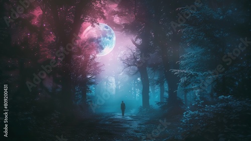 Solitary man walking through a moonlit forest with pink and blue moonlight