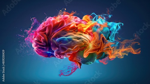 Creative art brain explodes with paints with splashes on a black background, concept idea. Concept of a human brain full with creativity, shows multiple colors and action