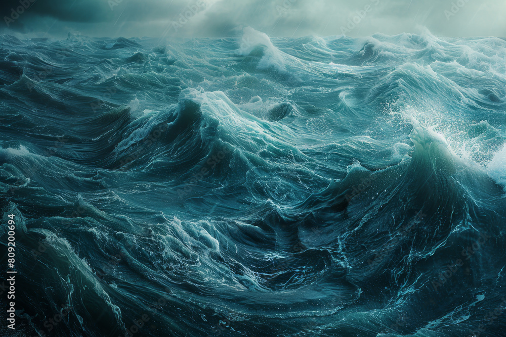 Fototapeta premium Realistic photo of big stormy waves in the ocean, high detail, high resolution, professional photograph, in the style of Superresolution