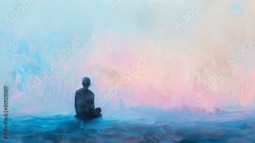 Solitary man sitting in contemplation amidst a backdrop of soft pink and blue