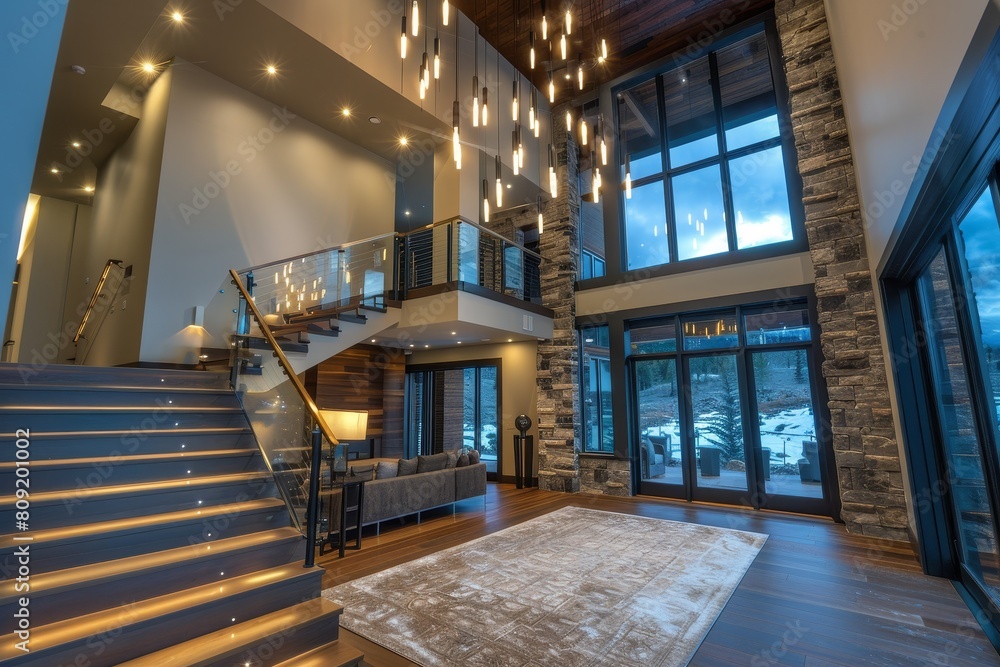 Fototapeta premium A modern living room featuring an array of furniture against a backdrop of numerous windows, A contemporary showpiece with high ceilings, a grand staircase, and custom-designed lighting fixtures