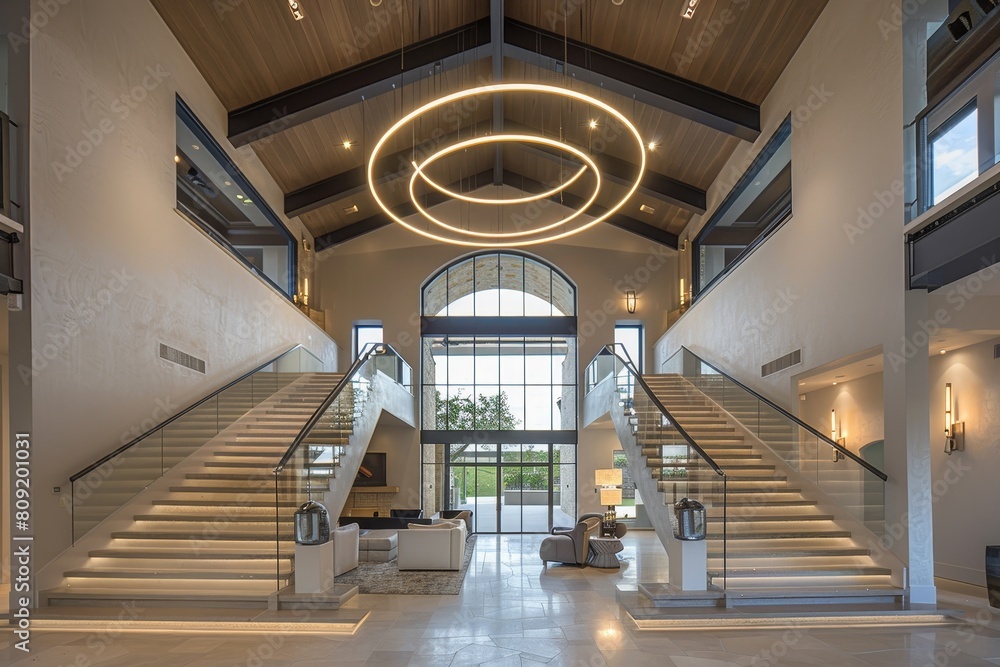 Fototapeta premium Large open lobby featuring stairs and a chandelier hanging from high ceilings, A contemporary showpiece with high ceilings, a grand staircase, and custom-designed lighting fixtures