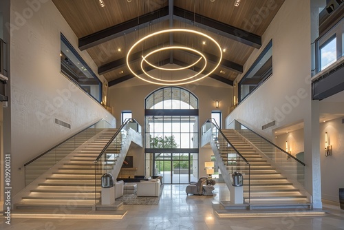 Large open lobby featuring stairs and a chandelier hanging from high ceilings  A contemporary showpiece with high ceilings  a grand staircase  and custom-designed lighting fixtures