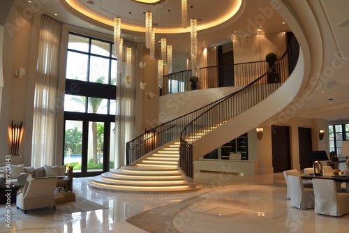 A large contemporary living room featuring a spiral staircase and high ceilings  A contemporary showpiece with high ceilings  a grand staircase  and custom-designed lighting fixtures