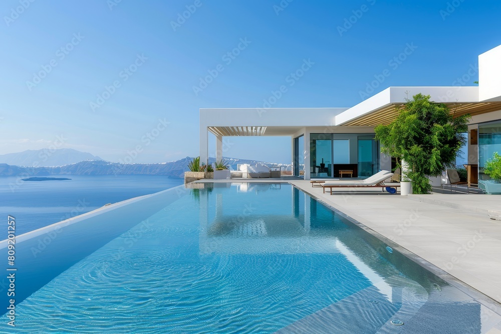 A modern white building stands next to a spacious swimming pool in a minimalist architectural design, A contemporary villa with minimalist design and infinity pool