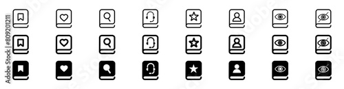 Book icon set, favorite, search, audiobook, for example, education. UI books set, black flat vector illustration. Vector eps10