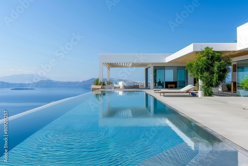 A modern white building stands next to a spacious swimming pool in a minimalist architectural design, A contemporary villa with minimalist design and infinity pool