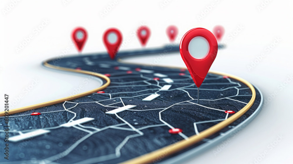 3D navigation concept with red location pins on a winding road 3D navigation concept with red location pins on a winding road