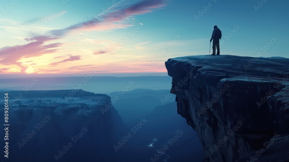 Hiker at the summit of a mountain overlooking a stunning view. Apex silhouette cliffs and valley landscape