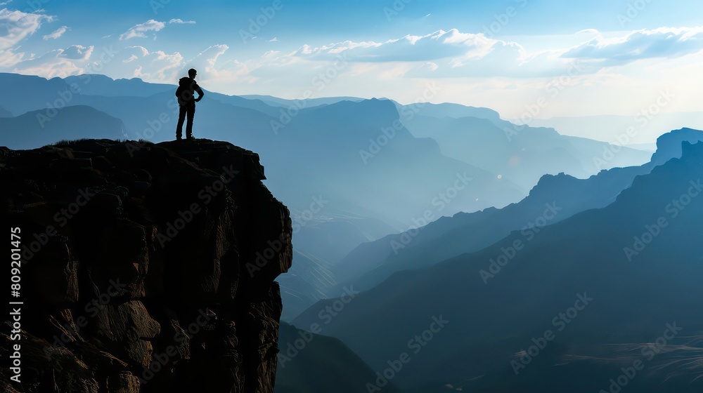 Hiker at the summit of a mountain overlooking a stunning view. Apex silhouette cliffs and valley landscape