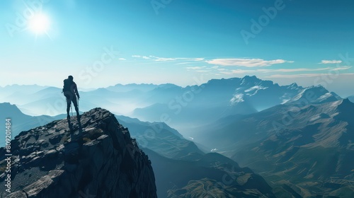 Hiker at the summit of a mountain overlooking a stunning view. Apex silhouette cliffs and valley landscape