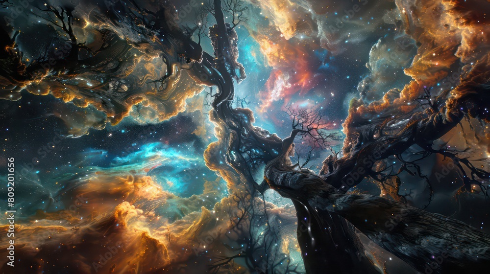 Obraz premium Huge trees of life blend with psychedelic colored galaxies with stars, galaxy clouds