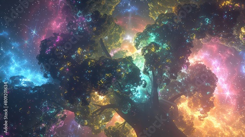 Huge trees of life blend with psychedelic colored galaxies with stars  galaxy clouds