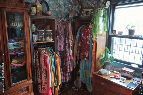 A room filled with an abundance of vintage clothes hanging on a rack  creating a thrifty and nostalgic atmosphere  A corner dedicated to vintage clothing and thrifty finds
