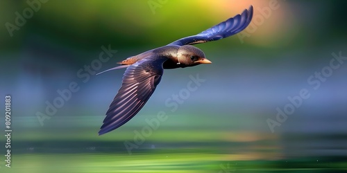 Adult Common swift swiftly flying over a lake with green water reflection. Concept Wildlife Photography, Bird Watching, Nature Appreciation photo