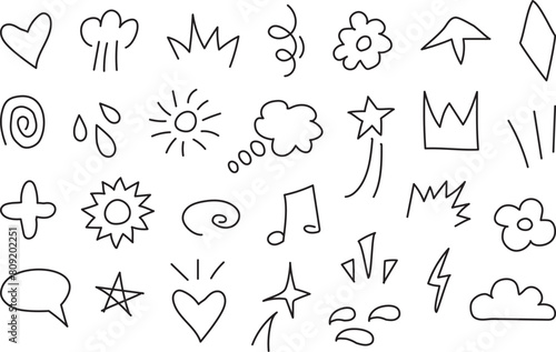 Cute line element  sketch scribble  doodle arrow  cartoon cloud outline icon  hand drawn star  anime text sticker  emoji movement symbol  comic expression mark. Editable stroke. Simple vector