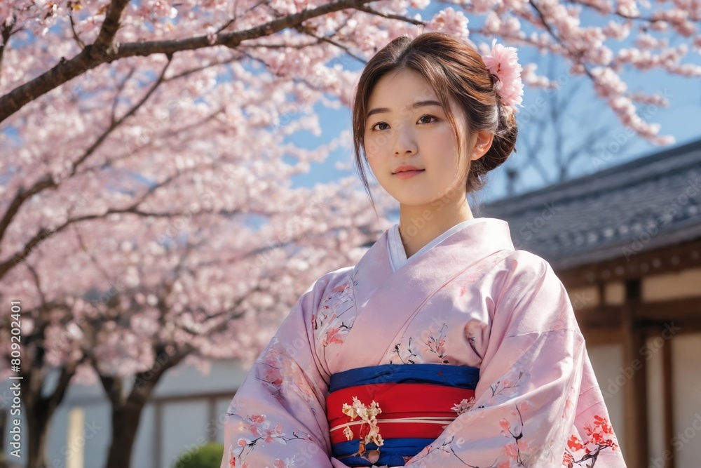 Japanese Tradition: Lady in Kimono Amidst Cherry Blossoms