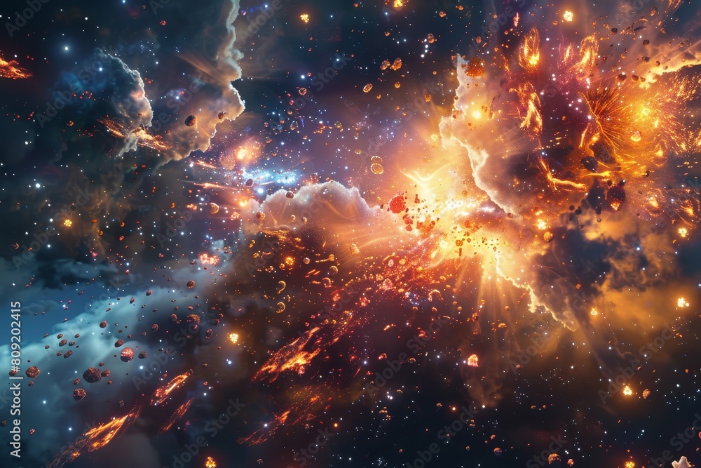 Naklejka premium Vast space filled with numerous stars and colorful cosmic explosions, A cosmic backdrop with colorful explosions and cosmic dust clouds