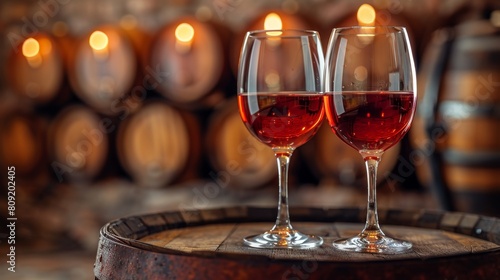 Two wine glasses are on a wooden barrel, filled with red wine