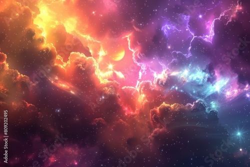A colorful sky filled with fluffy clouds and twinkling stars creating a cosmic backdrop, A cosmic backdrop with colorful explosions and cosmic dust clouds