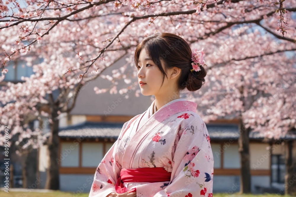 Cherry Blossom Elegance: Woman in Floral Kimono Cherry Blossom Elegance: Woman in Floral Kimono