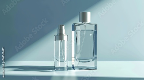 Clear glass perfume bottle mockup with open silver spray. 3d vector rectangular shape bottle for fragrance. Packaging for beauty product. Cosmetic bottle. Realistic bottle mockup template
