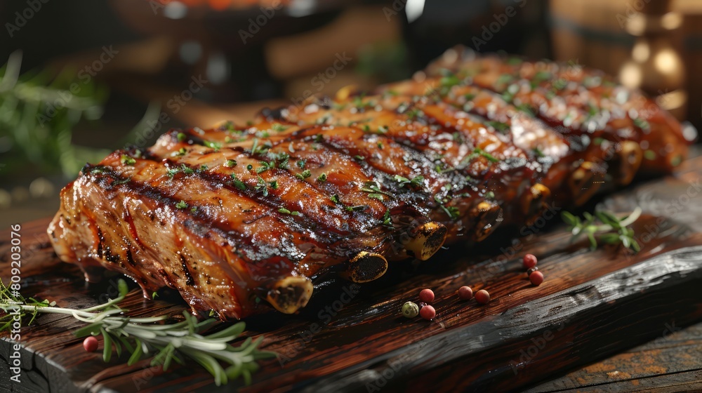 A large rack of ribs is sitting on a wooden cutting board. The ribs are covered in a sauce and are garnished with fresh herbs. Concept of indulgence and satisfaction, as the ribs look delicious