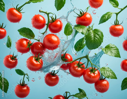 Tomatoes with green leaves in splashes of water