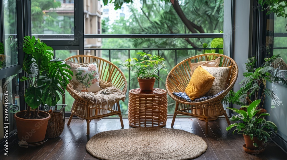 Fototapeta premium A pair of wicker chairs are placed on a porch with a rug in the middle. The chairs are surrounded by potted plants and a vase. The scene has a cozy and inviting atmosphere, perfect for relaxing