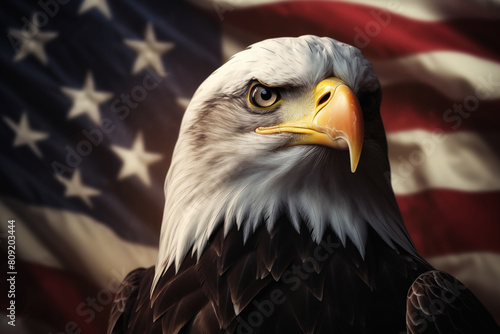 Majestic bald eagle against American flag