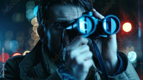 Man with binoculars in a moody urban setting - In a composition that oozes mystery, a man holds binoculars in a dark, moody urban environment, with vibrant bokeh lights in the background photo