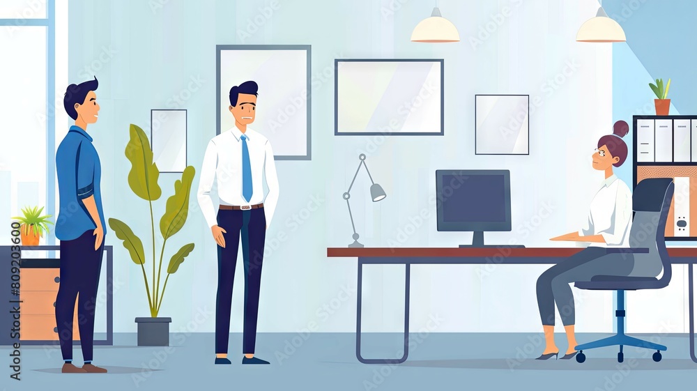 Illustration of office meeting with three people - illustration of an office environment with three characters in a meeting Illustration of office meeting with three people - illustration of an office environment with three characters in a meeting