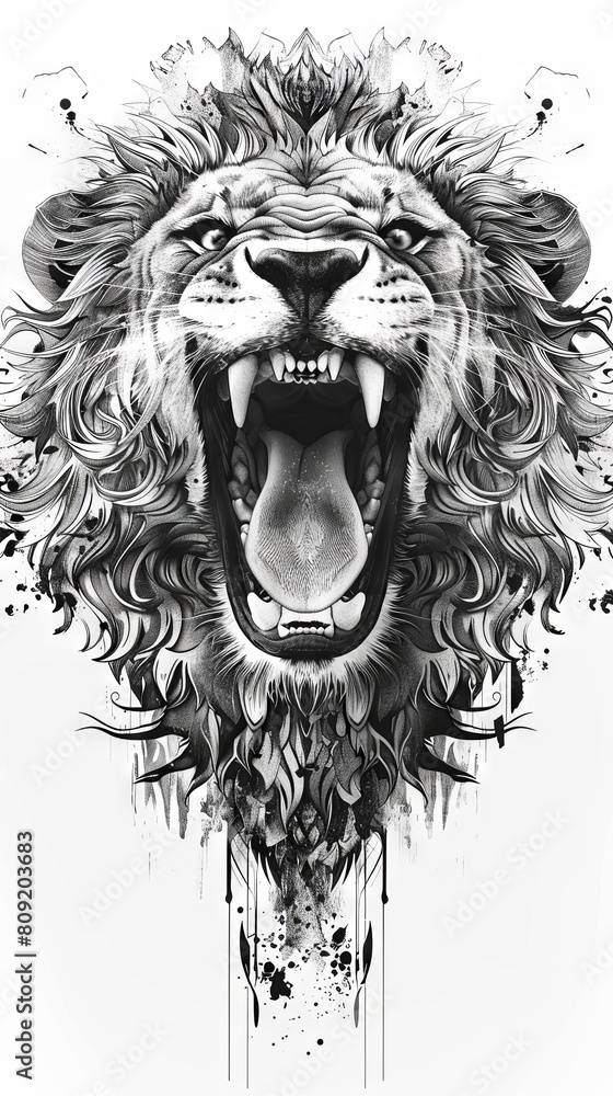 Obraz premium Explosive ink-style lion roaring art - This artwork depicts a roaring lion with an explosive ink-splatter style, creating a raw and powerful energy
