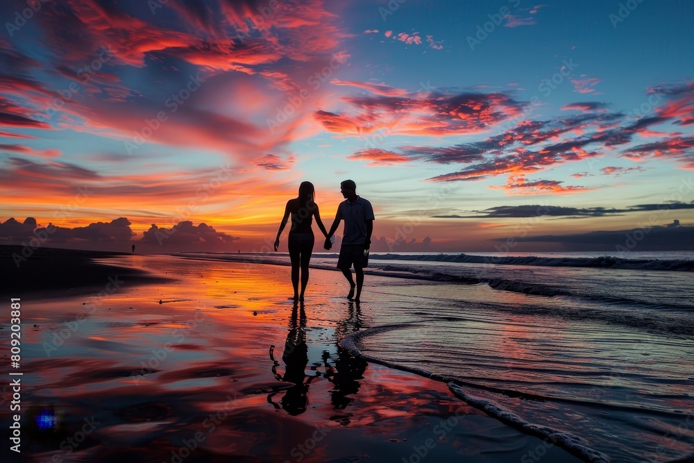 A man and woman hold hands as they walk along the beach during sunset, A couple holding hands on a beach at sunset