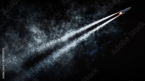 Rocket leaving a trail of smoke in space - A detailed artwork showing a rocket mid-launch leaving a dense trail of smoke in a dark starry background photo