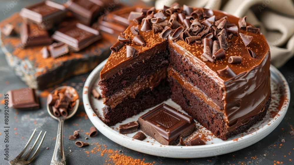A tight shot of a cake slice on a plate, fork nearby A tight shot of a cake slice on a plate, fork nearby