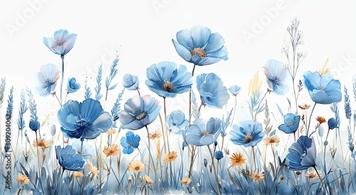 Fototapeta Naklejka Na Ścianę i Meble -  Blue flowers with wheat in watercolor style - A serene watercolor painting of blue flowers intertwined with golden wheat stalks