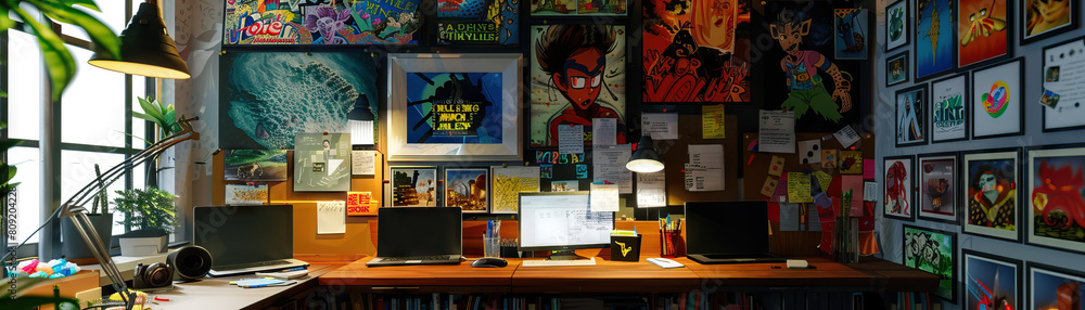 Digital Artist's Studio Wall: Covered in digital art prints, graphic design sketches, and a board with digital art project ideas Digital Artist's Studio Wall: Covered in digital art prints, graphic design sketches, and a board with digital art project ideas