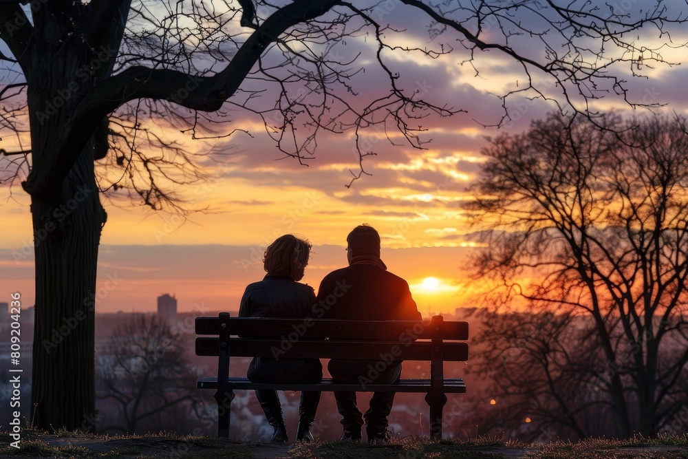 Couple sitting on bench, watching sunset in park, A couple sitting on a park bench watching the sunset together